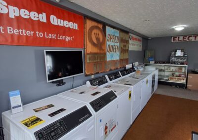 Laundry appliances in a showroom.