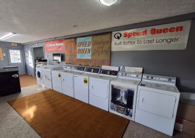 Row of washing machines on display